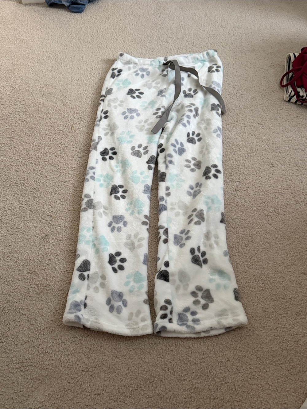 Cozy Paw-Print Fleece Pajama Pants - White with Gray & Aqua Paws